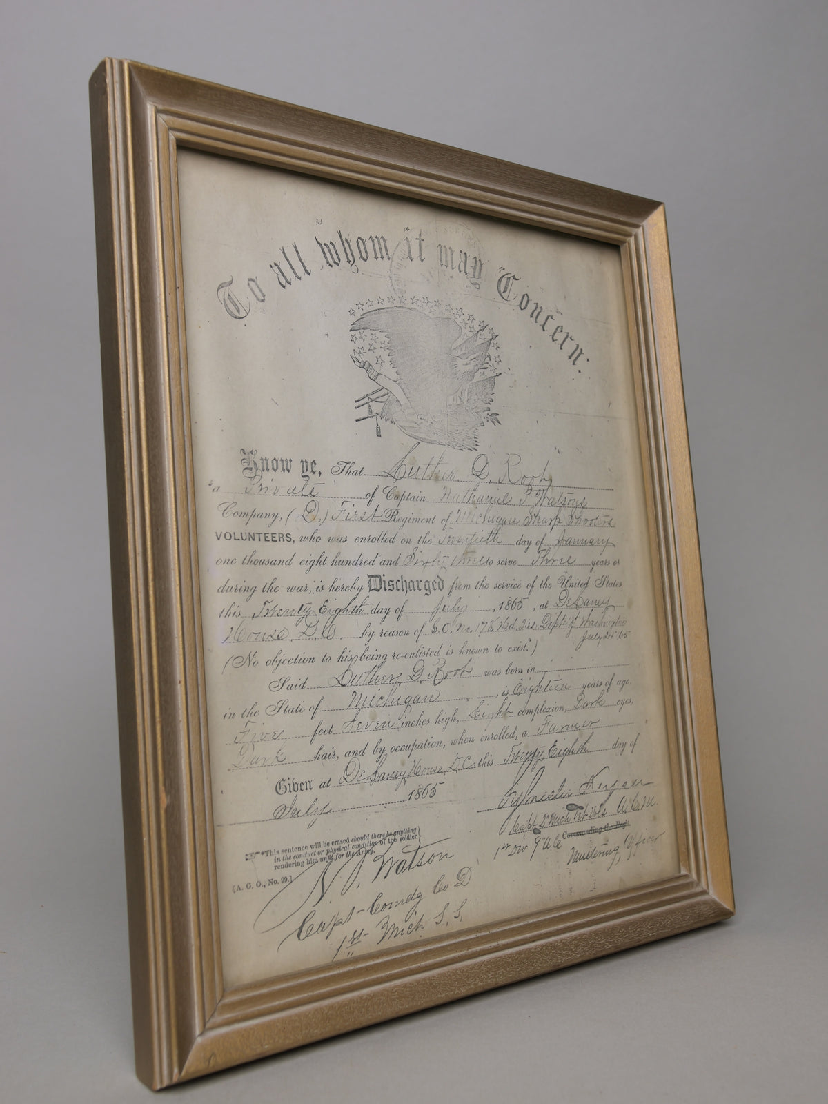 1865 Civil War Discharge Paper for Luther D. Root of the 1st Michigan Sharpshooters, Company D