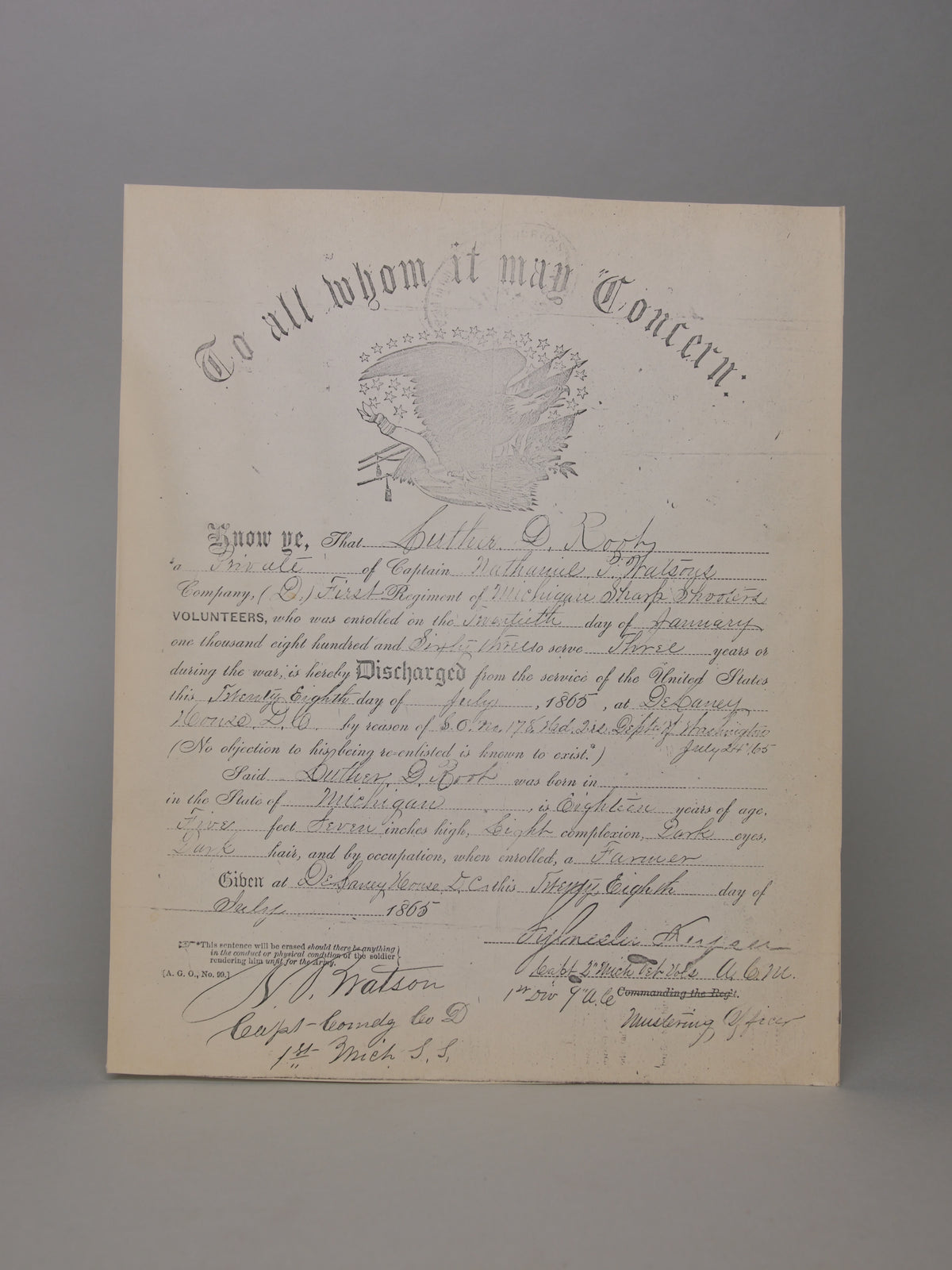 1865 Civil War Discharge Paper for Luther D. Root of the 1st Michigan Sharpshooters, Company D