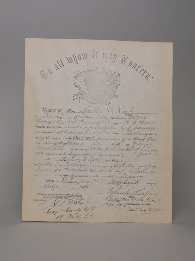 1865 Civil War Discharge Paper for Luther D. Root of the 1st Michigan Sharpshooters, Company D
